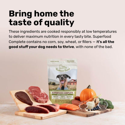 Badlands Ranch Superfood Complete dog food used as a healthy meal topper in a bowl