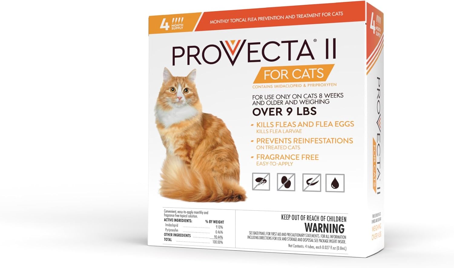 Secure packaging box of USA imported Provecta II cat flea treatment for large felines.