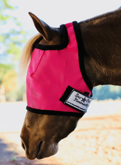 Side profile of miniature pony wearing Star Point Horsemanship fly mask