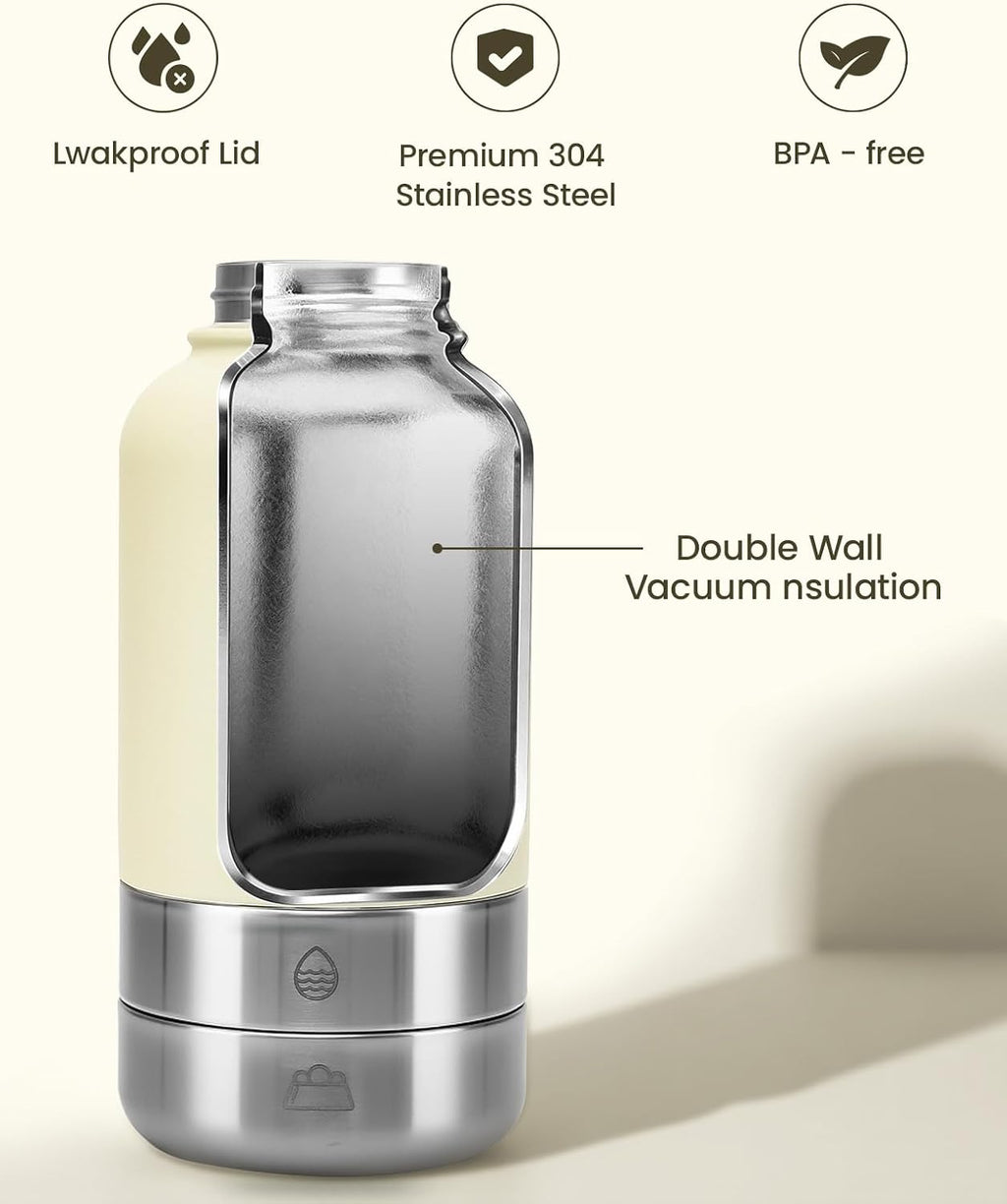 BPA free pet water dispenser and food bowls being used by a dog outdoors