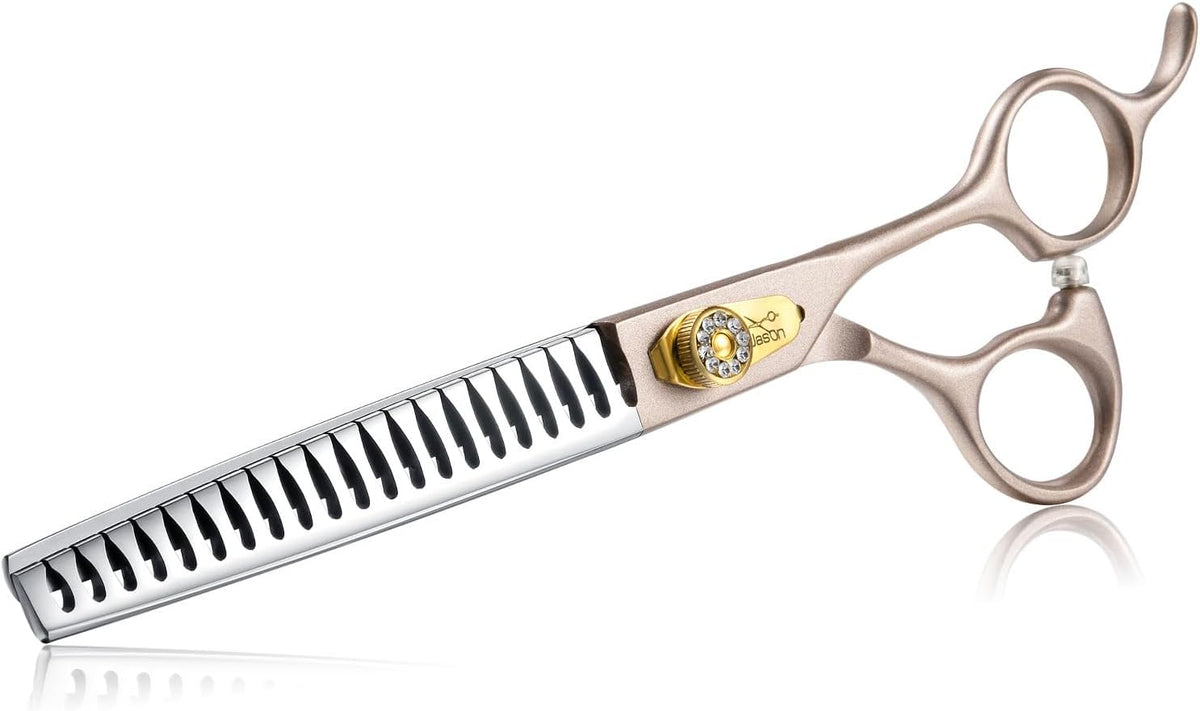 JASON curved dog shears being adjusted using the diamond accent mechanism