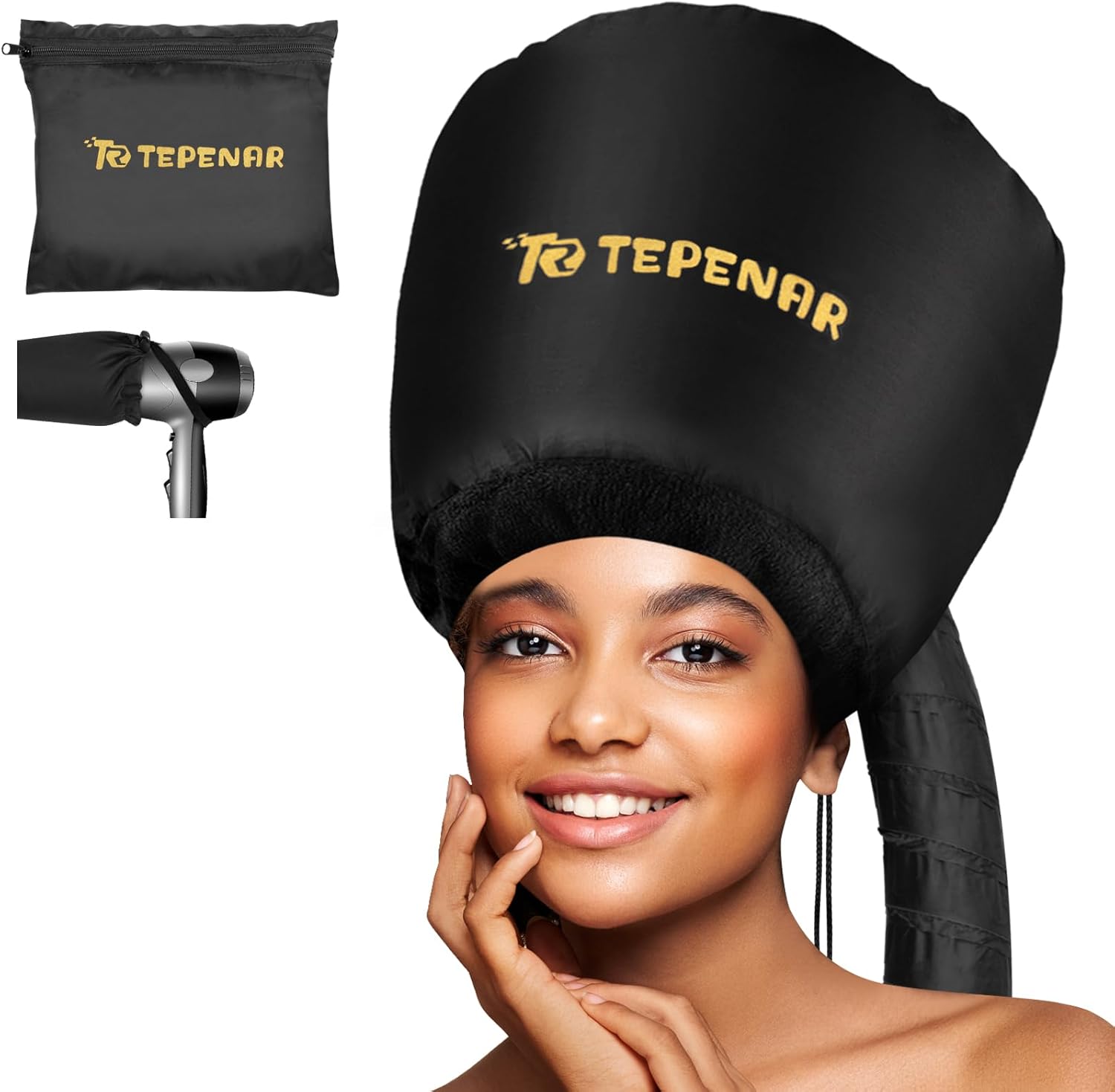TEPENAR extra large bonnet hair dryer attachment front view for curly hair styling