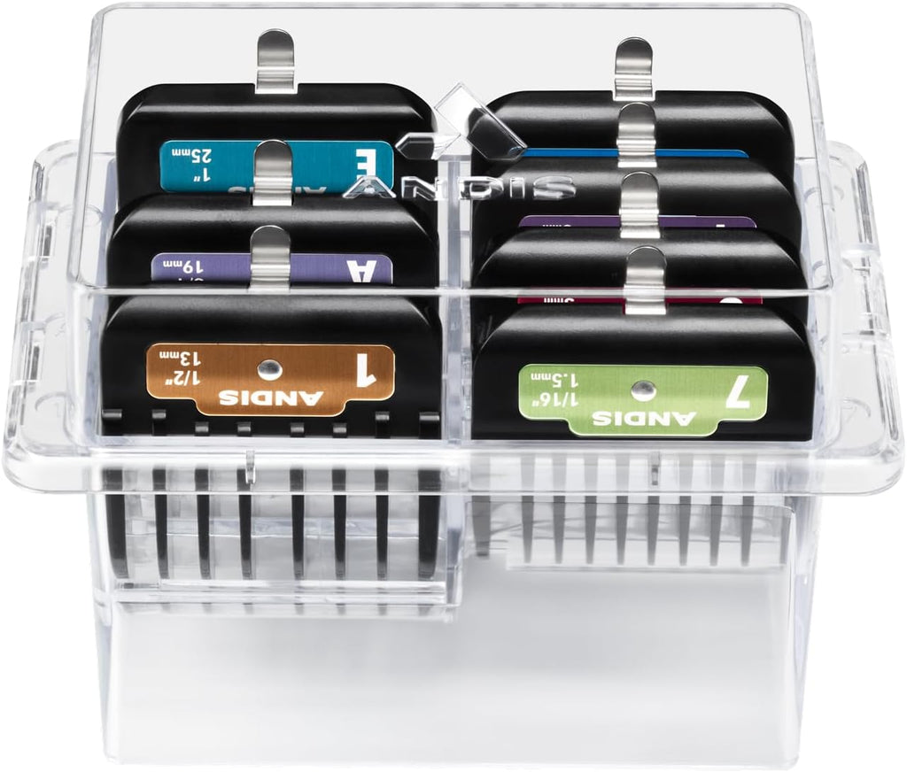 Top down view of 7 piece Andis animal comb set sizes