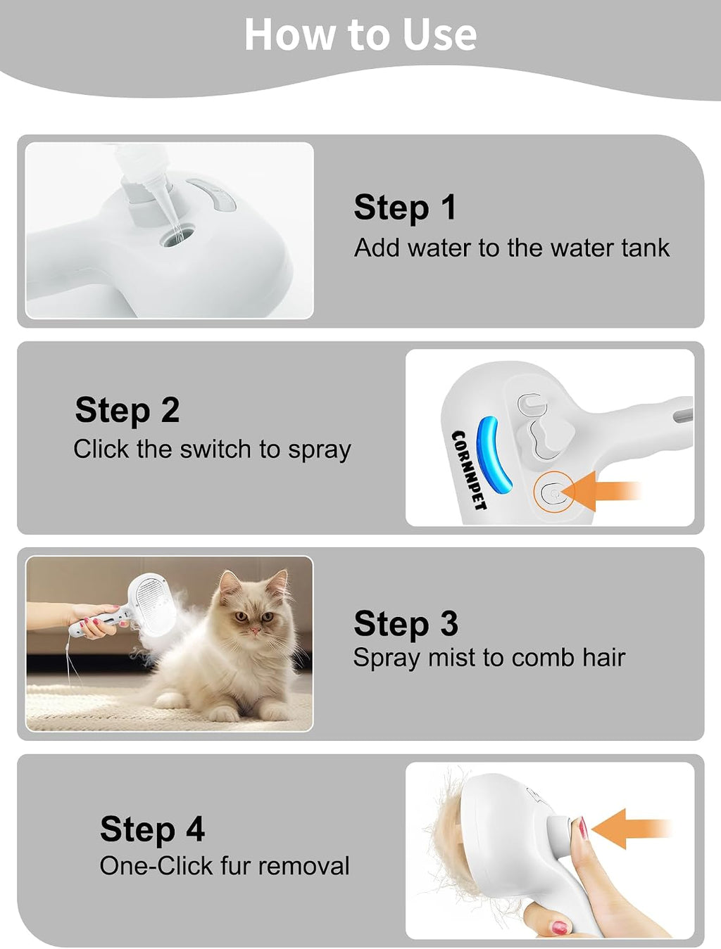 Water reservoir cap opened on the back of the generic pet steam brush for easy filling.