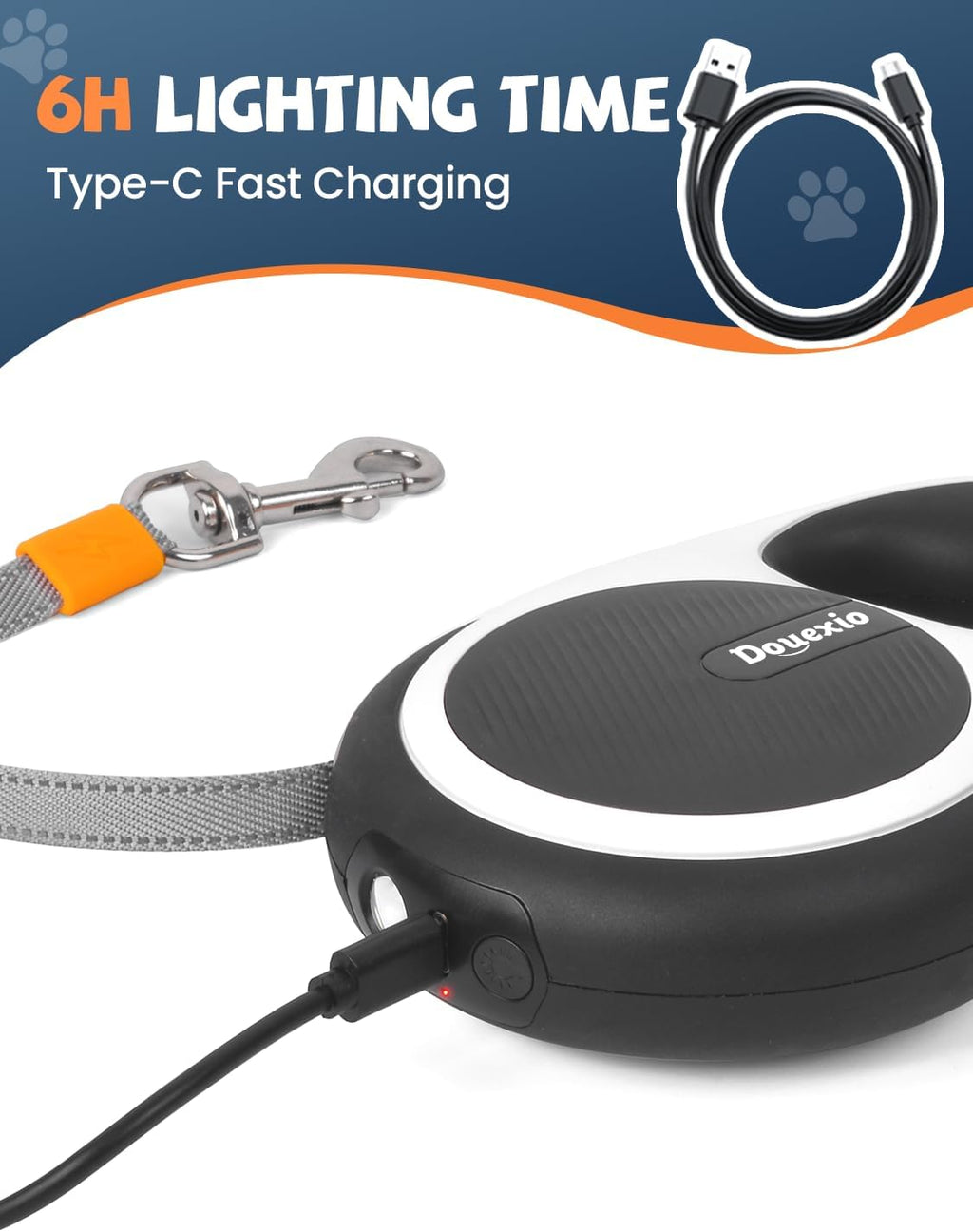 Poop bag dispenser feature on Douexio dog leash
