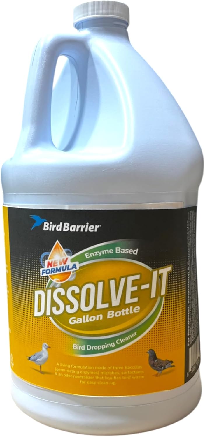 Bird Barrier Dissolve It Max bottle shown in a pet care and cleaning setup