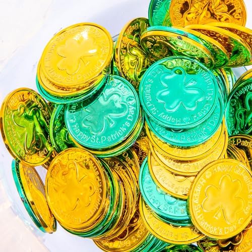 Close up of double sided embossed lucky shamrock design on premium plastic holiday tokens