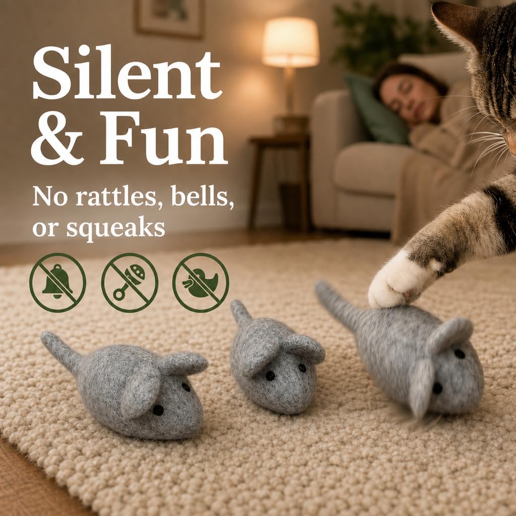 Earthtone Solutions wool cat toy shown alongside a reference object for size comparison