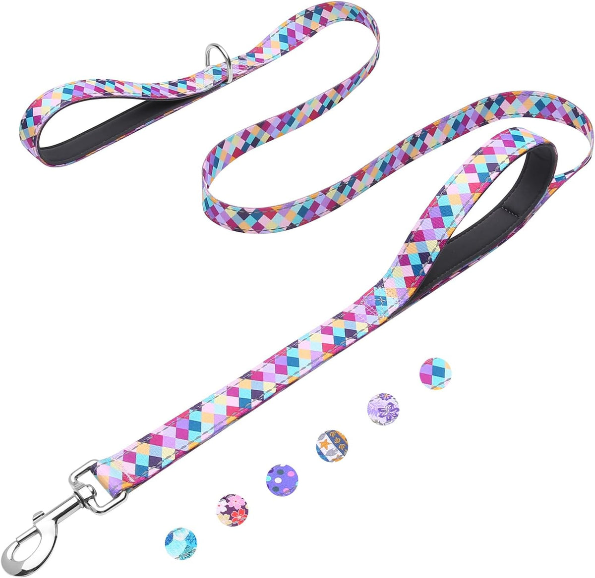 Fidohug Reflective Dog Leash front view featuring colorful geometric diamond pattern.