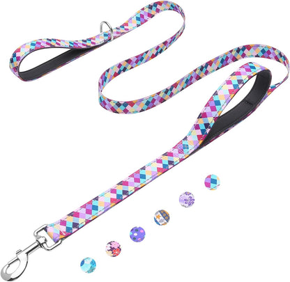 Fidohug Reflective Dog Leash front view featuring colorful geometric diamond pattern.