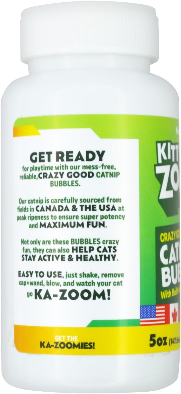 Kitty Ka Zoom catnip bubbles packaging displaying instructions for stimulating interactive feline play