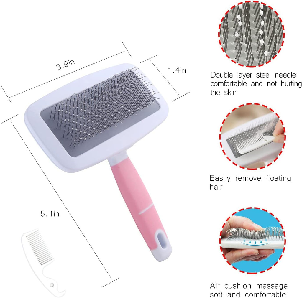 Double-tooth stainless steel pet comb for dander and dirt removal.