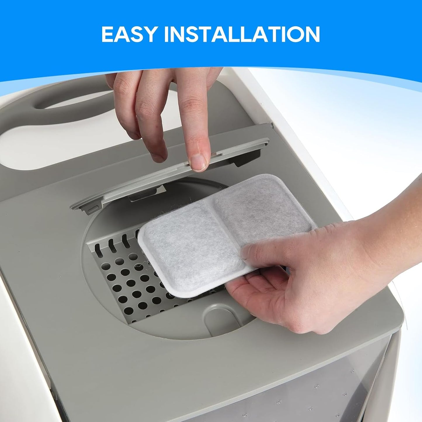 Installation guide image showcasing how to fit the non toxic replacement pad into a hooded pet litter box.