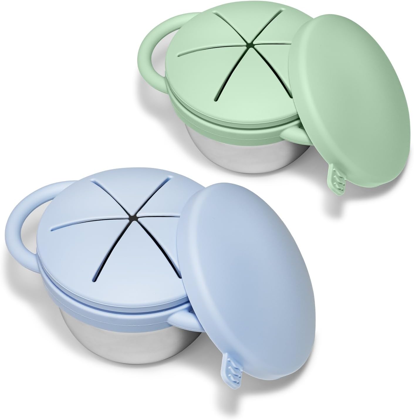 JVEOO toddler stainless steel snack cups with blue and green lids