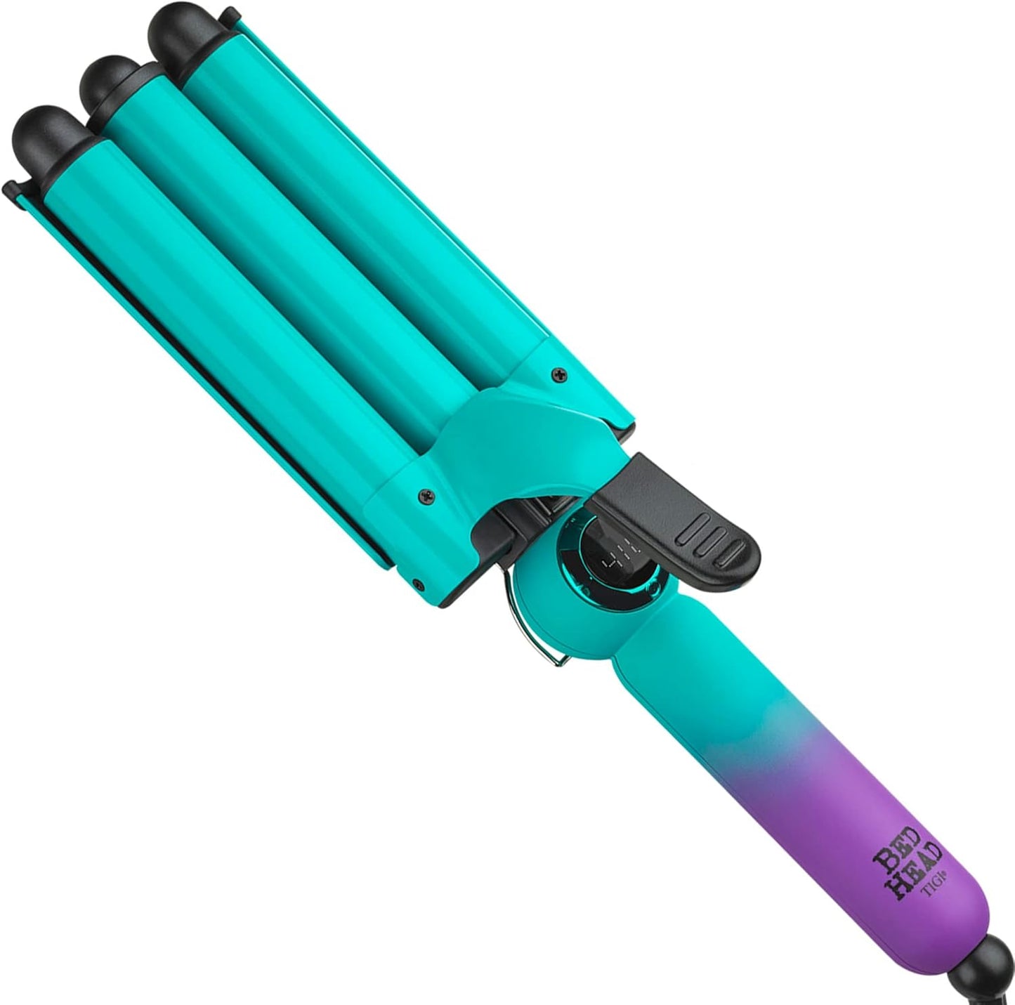 Bed Head Wave Affair Jumbo Three Barrel Hair Waver front view showing teal and purple gradient design.