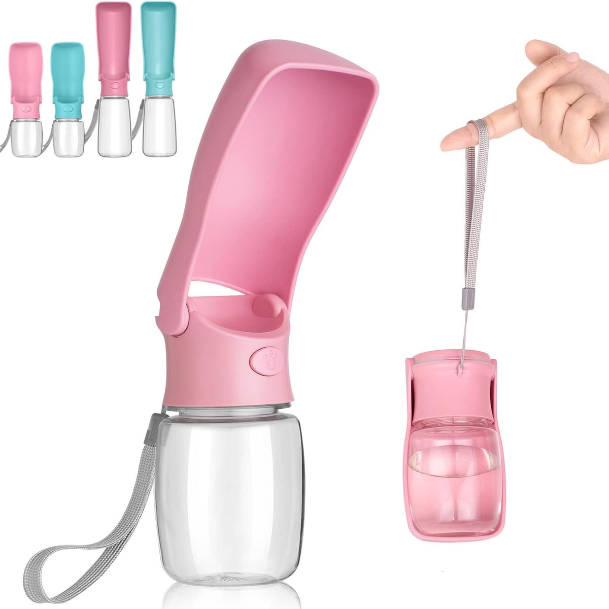 AIKIDS portable foldable dog water bottle front view showing pink collapsible design.