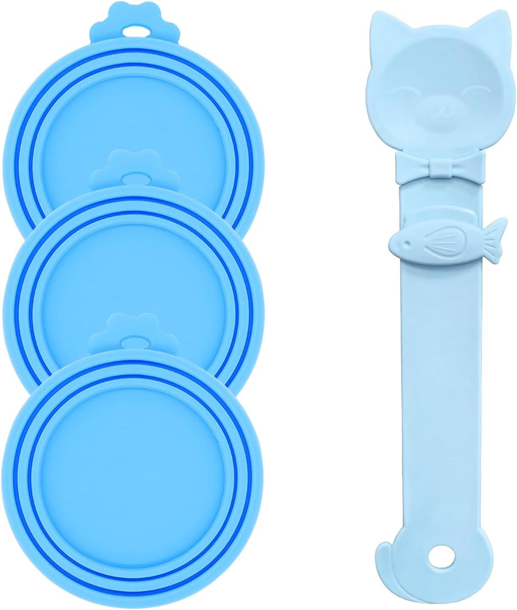 Three sizes of pet food cans covered with pink silicone lids