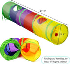 Folded collapsible cat tunnel secured with elastic band for storage