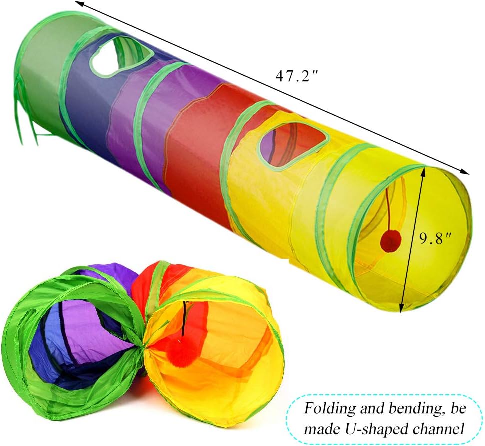 Folded collapsible cat tunnel secured with elastic band for storage