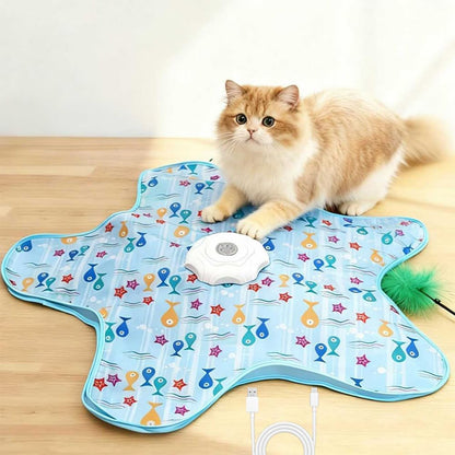 OpriQ rechargeable automatic cat toy front view showcasing the blue star-shaped interactive pet mat setup.