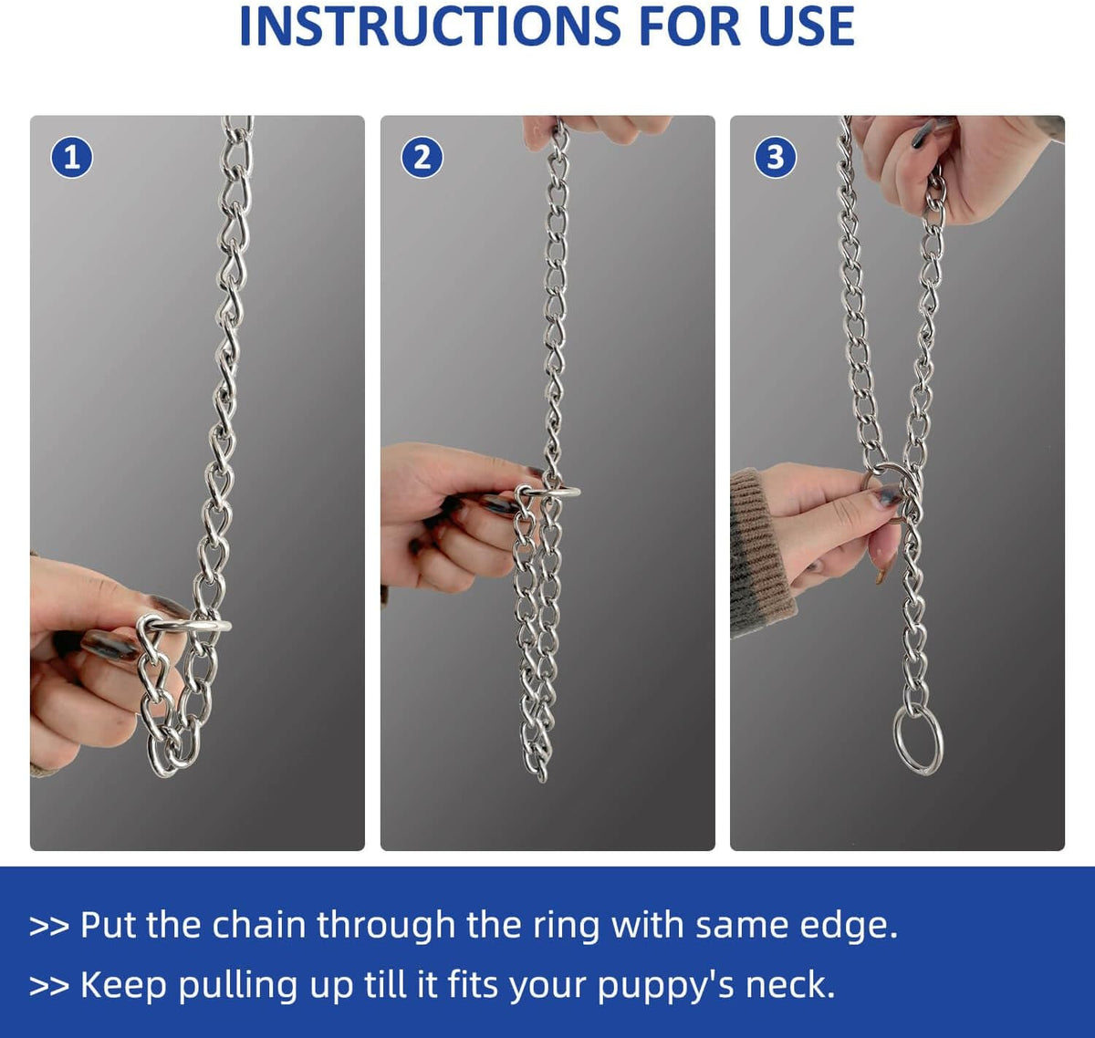 WePet training chain collar demonstrating the smooth slip loop mechanism for dogs.