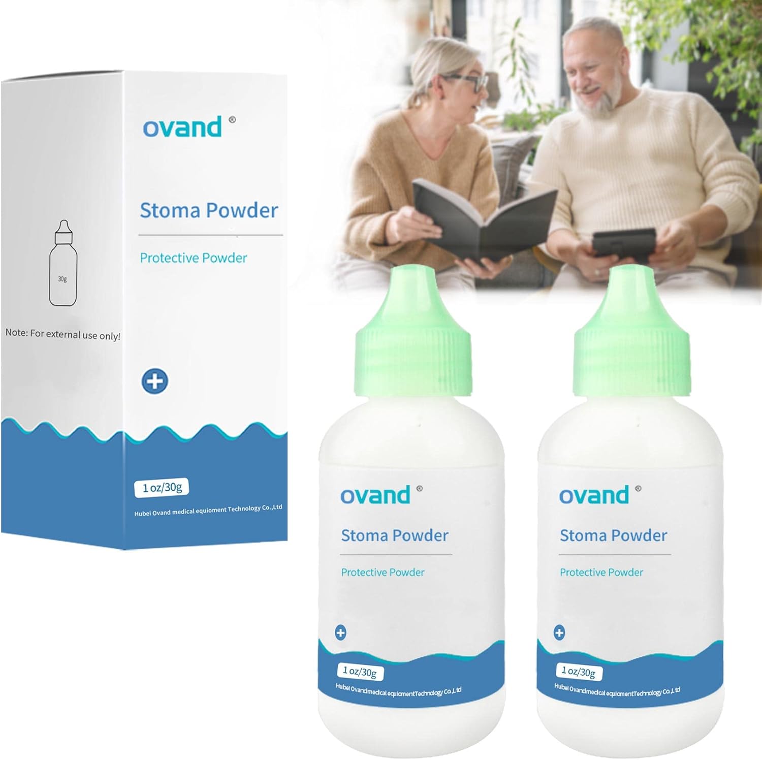 Ovand Stoma Powder front view of two one ounce bottles for ostomy skin protection