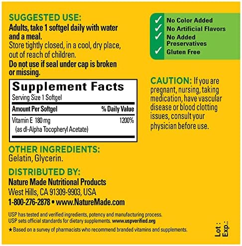 Nature Made Vitamin E 180 milligram bottle back instructions