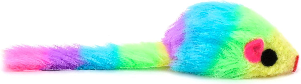 Lightweight synthetic fur mice being batted by an indoor kitten.