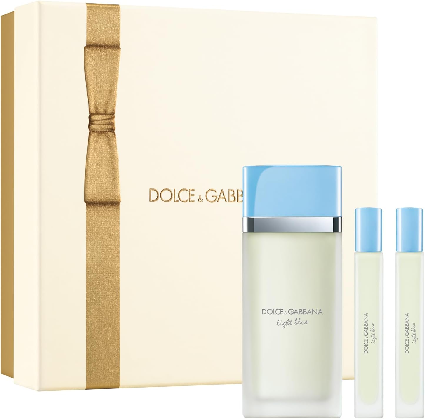Dolce and Gabbana Light Blue Eau De Toilette for women gift set containing full size bottle and travel sprays front view