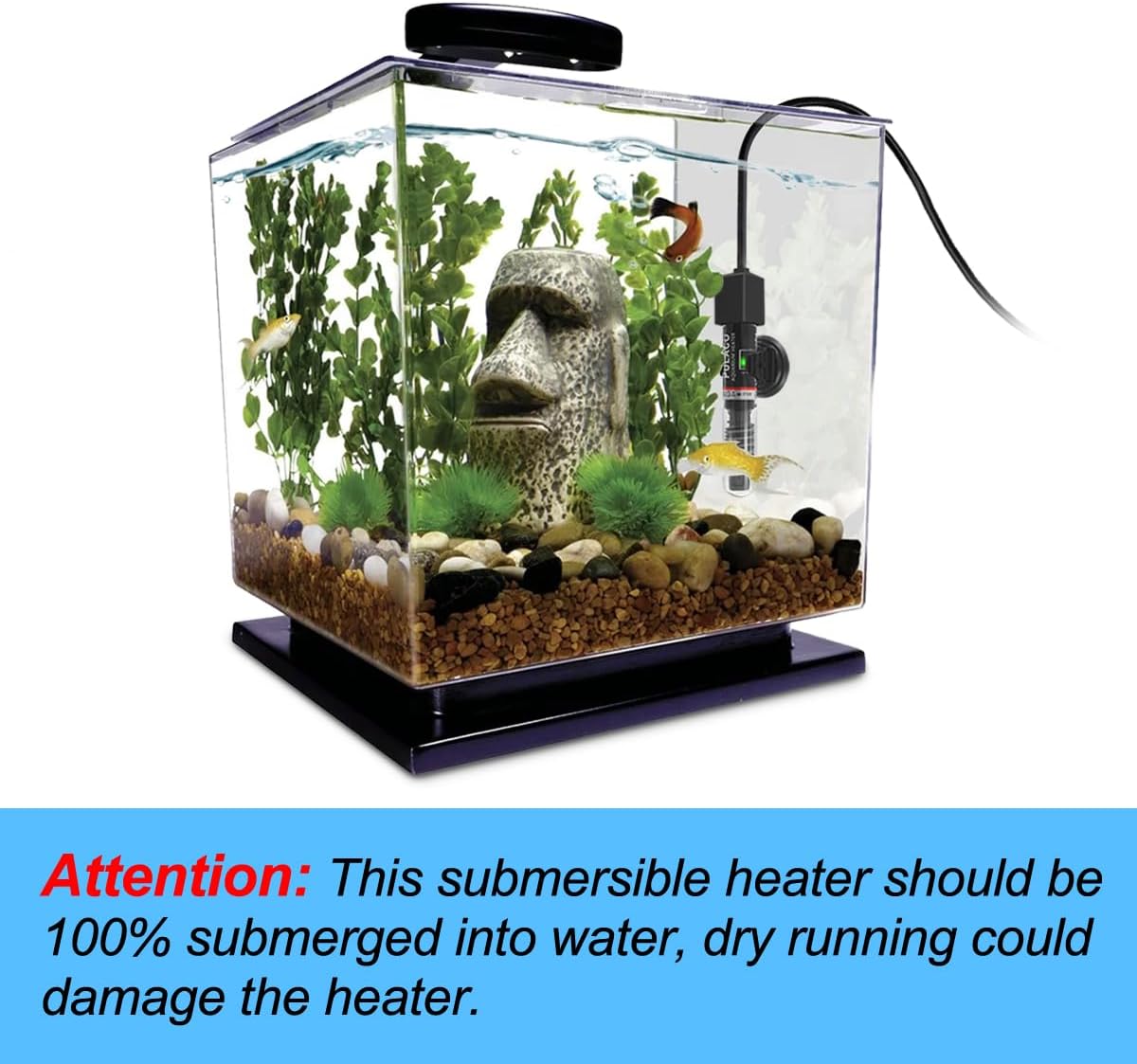 Pulaco submersible fish tank heater showing suction cup mount