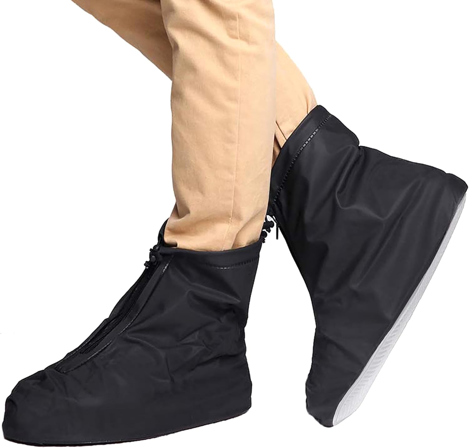 Krysnas waterproof rain shoe covers front view showing secure zipper closure.