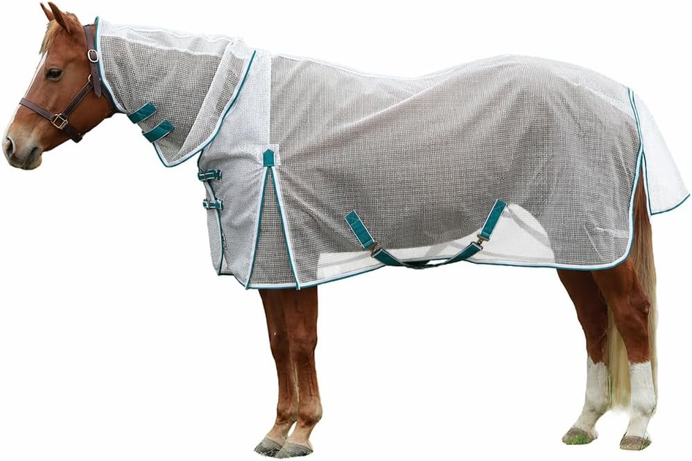 Rugged Ride combo neck cool lyte fly sheet front view showing attached neck coverage on horse