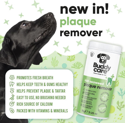 Back label details of Buddycare Irish seaweed breath freshener for cats and dogs.
