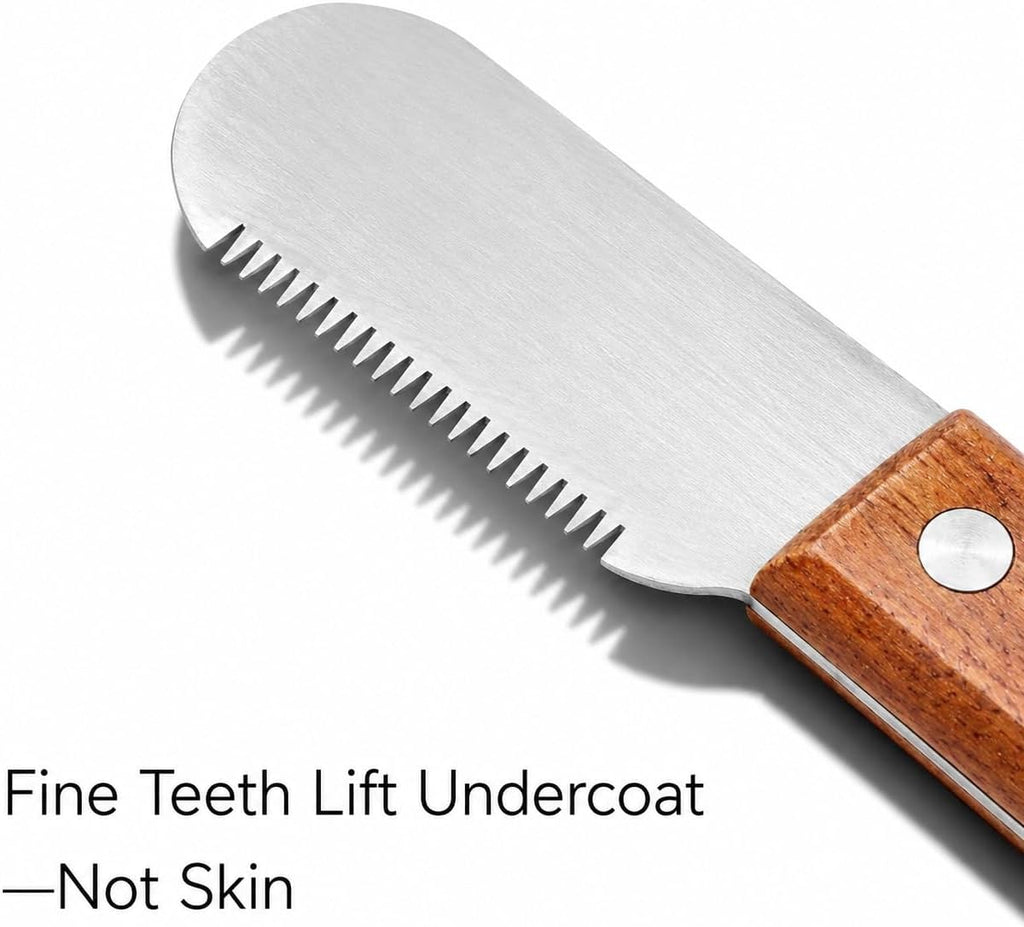 Professional dog groomer using FAQQI carding knife on a terrier