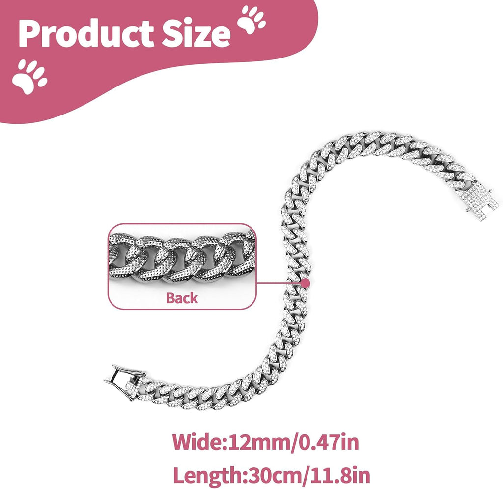 Premium 12 inch metal pet necklace with sparkling rhinestones on a small dog