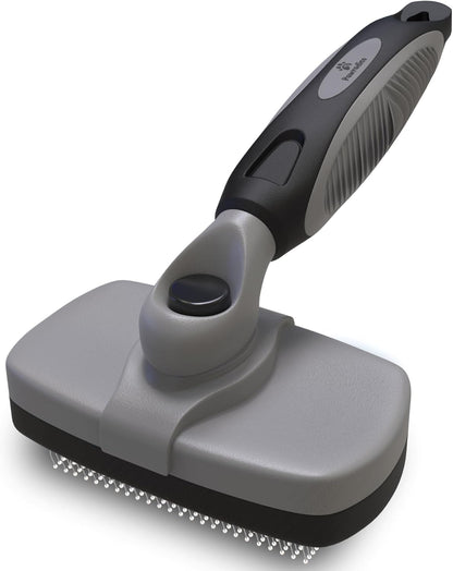 Pawradise deshedding tool showing loose undercoat fur being pushed off the brush