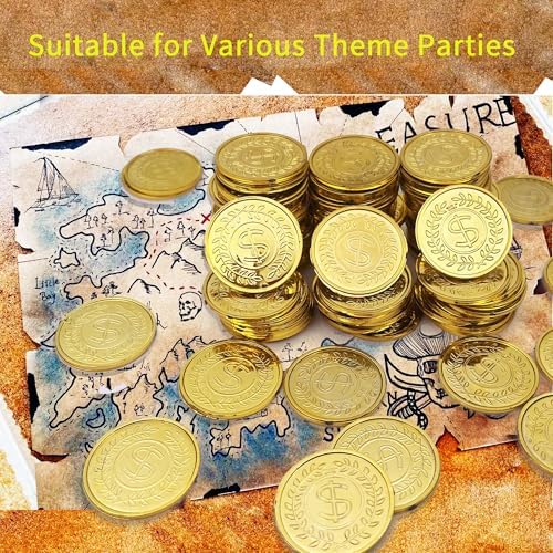 Close up shot of lightweight plastic pirate coins showing the gold plated finish detail.