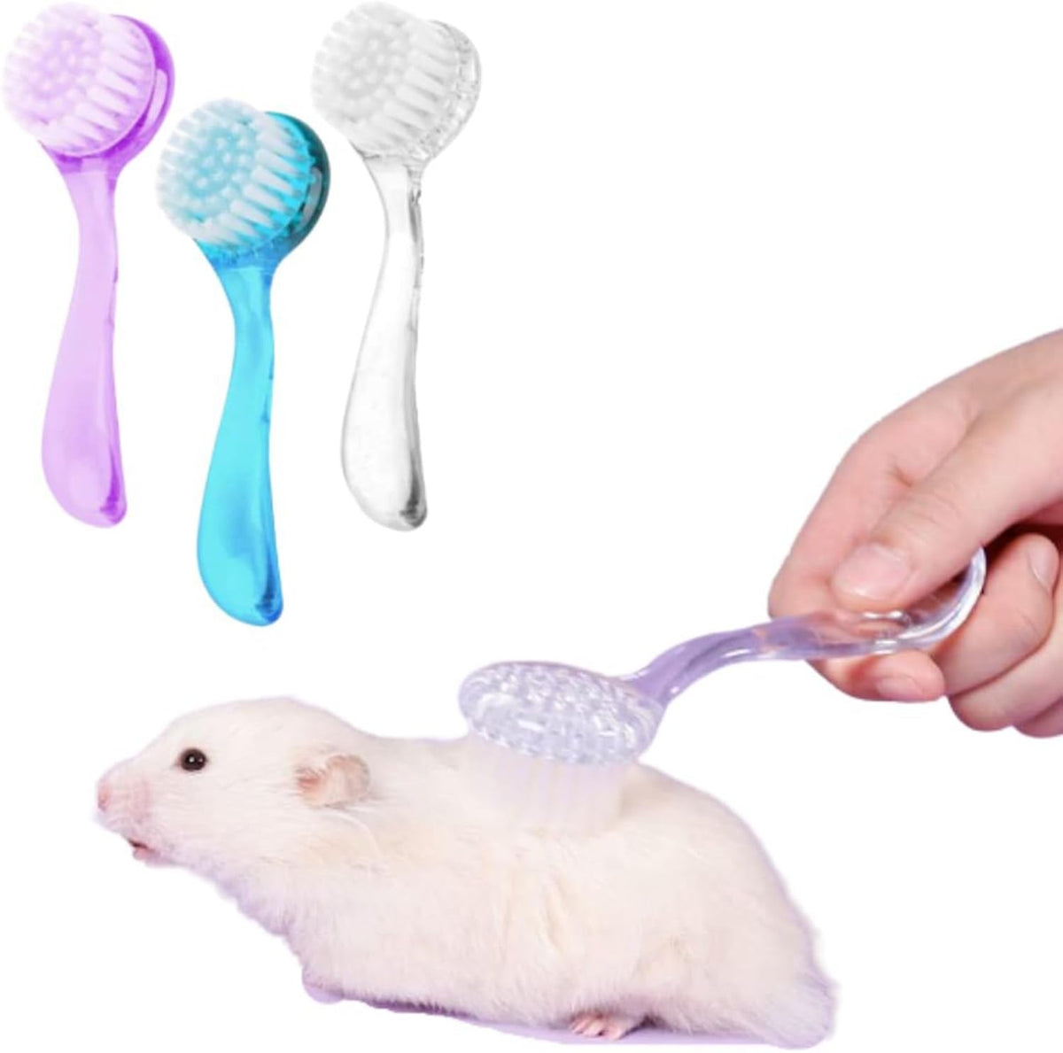 KUNBIUH small animal bath brush three piece set front view showing white purple and blue colors.