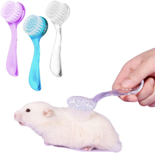 KUNBIUH small animal bath brush three piece set front view showing white purple and blue colors.