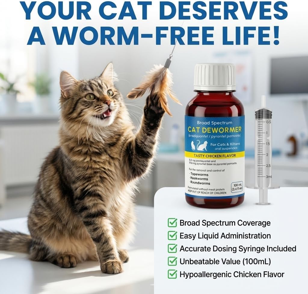Chicken flavored liquid cat dewormer supplement for tapeworm roundworm and hookworm control