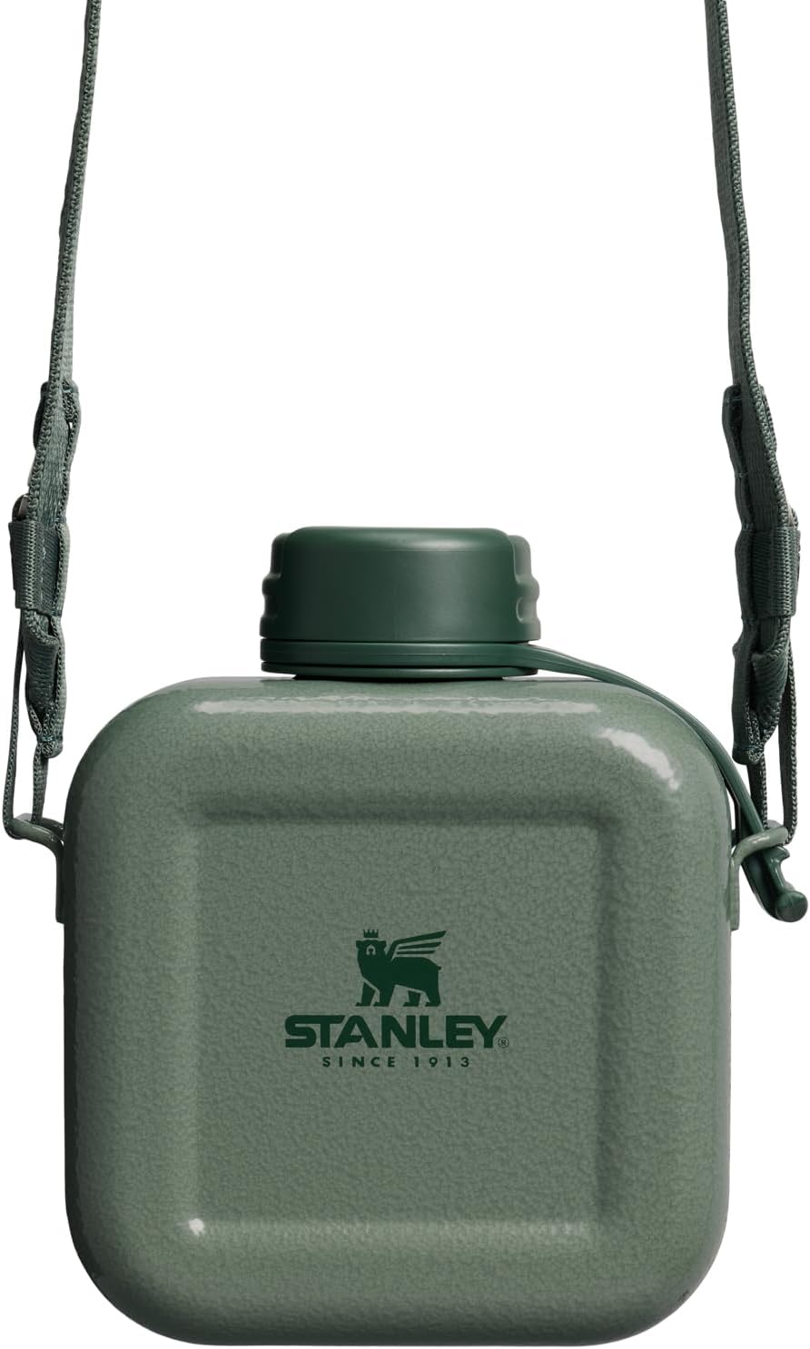 Stanley lightweight stainless steel water bottle showcasing the attached nylon shoulder strap.