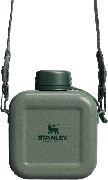 Stanley lightweight stainless steel water bottle showcasing the attached nylon shoulder strap.