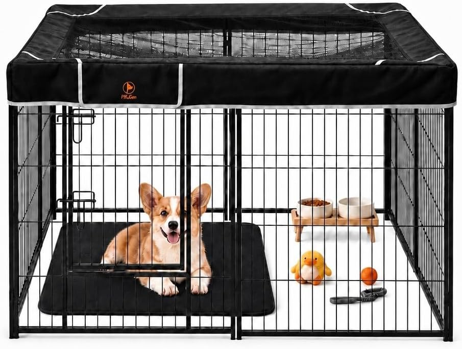 PJYuCien rectangle playpen top cover front view on a metal pet enclosure