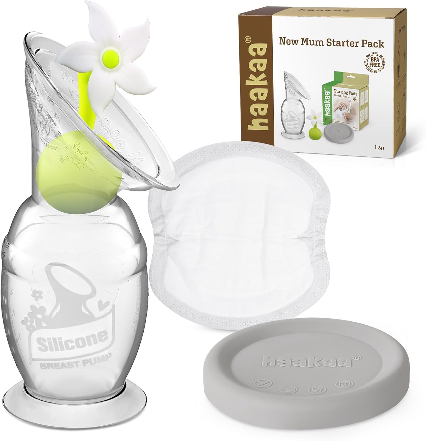 Haakaa New Mum Starter Pack front view showcasing the silicone manual breast pump, cap, stopper, and nursing pads box.