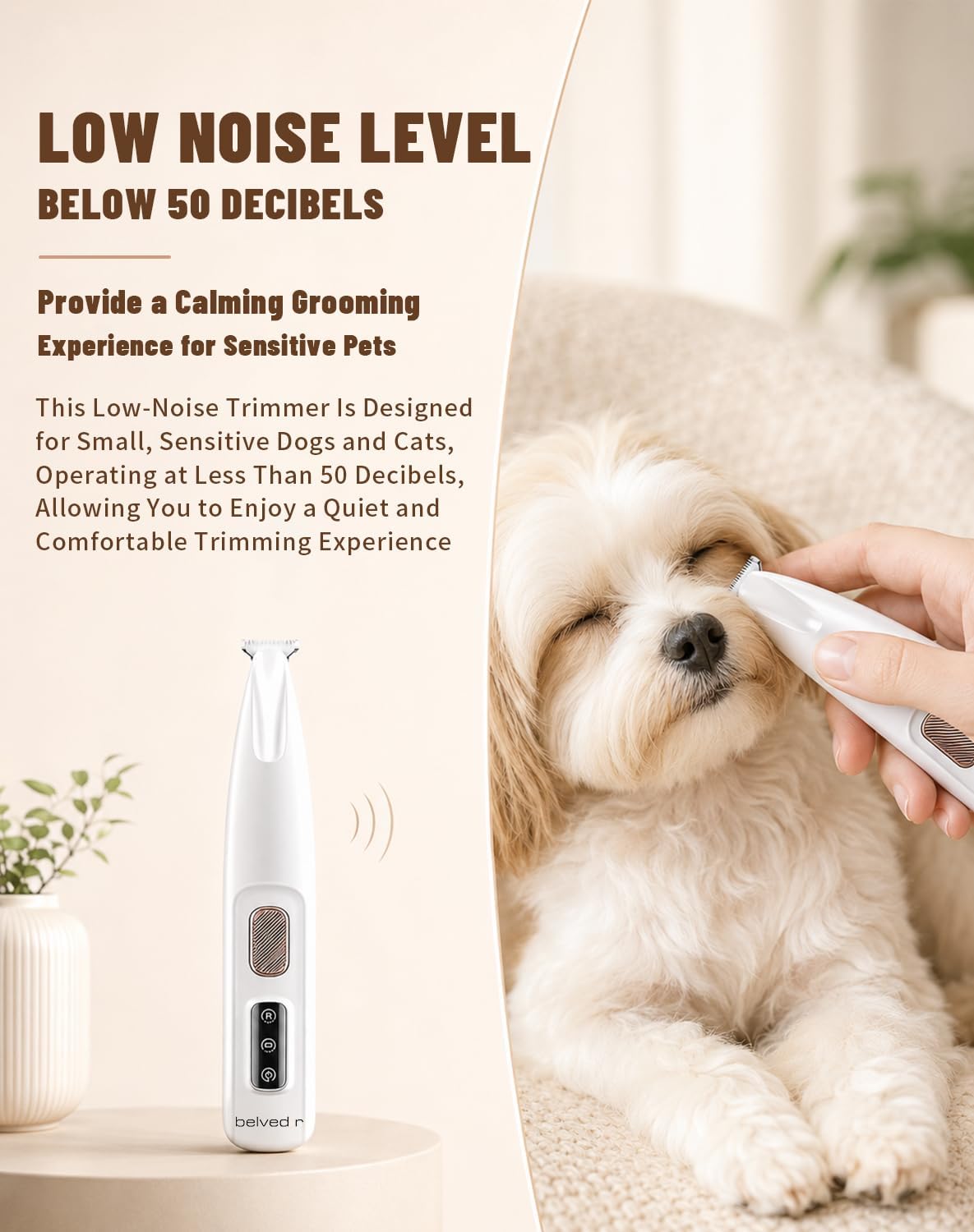 Close up view of the 0.71 inch narrow pet trimmer blade with rounded edges designed for sensitive grooming areas.