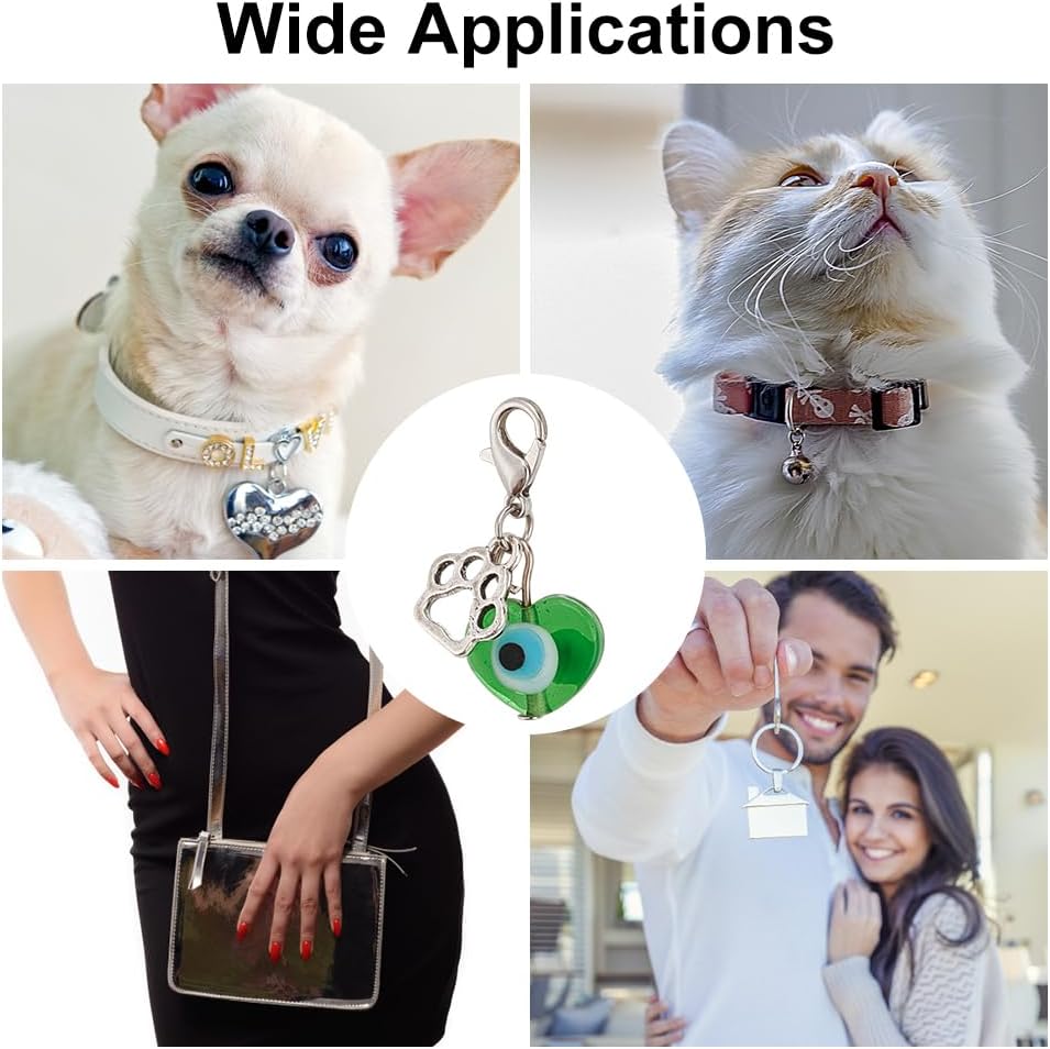 DELORIGIN glass bead jewelry pendants clipped securely onto a standard dog collar to showcase real world usage.