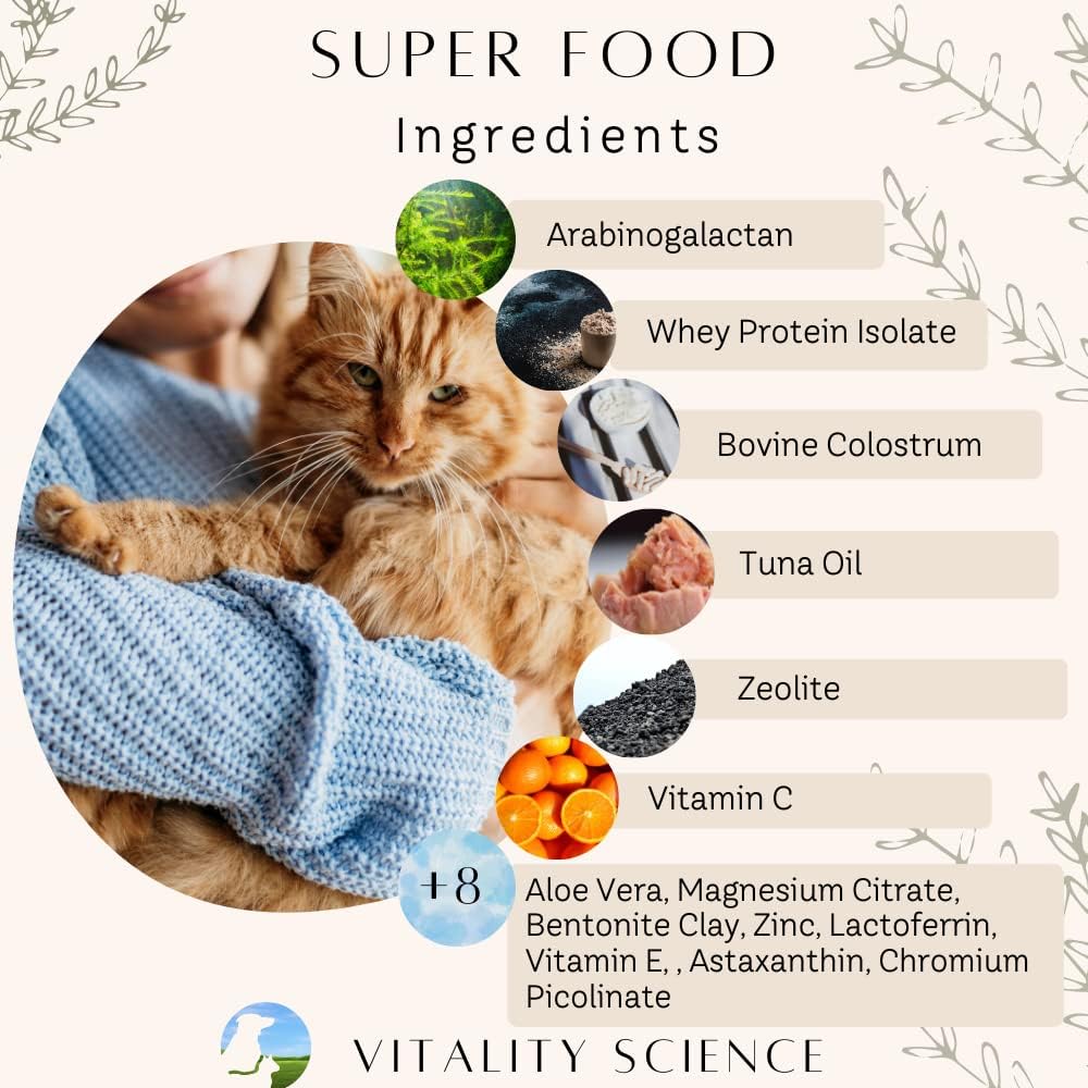 Natural cat whole food supplement container showing ingredient label details