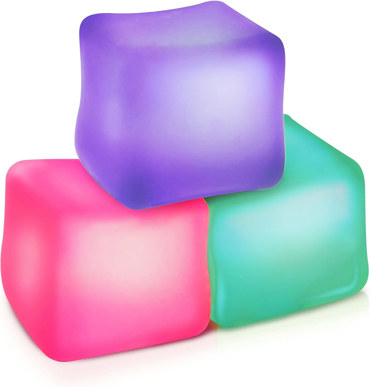Sinikoro Fidget Toy Stress Cube Three Pack front view showing vibrant purple pink and green translucent sensory cubes.