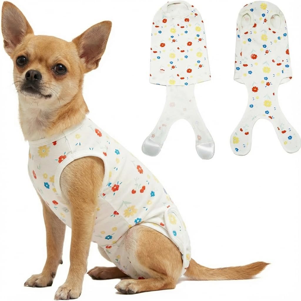 Paipeper small dog recovery suit front view floral pattern post surgery onesie