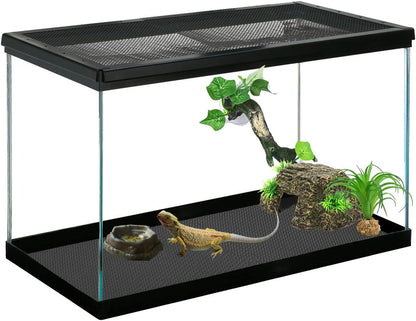 Bearded dragon habitat setup displaying the clean appearance of the black non adhesive enclosure bedding